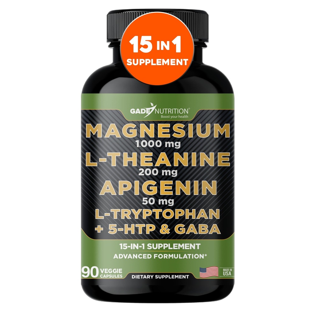 Gade Nutrition Magnesium Glycinate & Magneisum Kosttilskud med Apigenin, L Theanine 200 mg, 5 HTP, GABA Calm Brain Booster Supplement Sleep Aid Ashwagandha L Tryptophan Chamomile