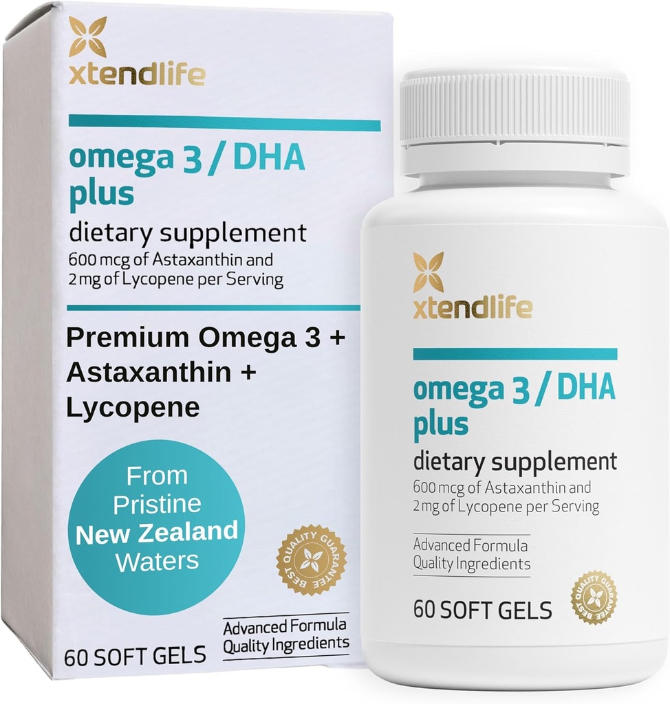 Xtendlife Omega 3 DHA Plus Fish Oil for Heart, Brain, Eye & Skin Health - 1100mg Omega-3 with DHA, EPA, Lycopene & Astaxanthin - 1 Month Supply (60 Count)