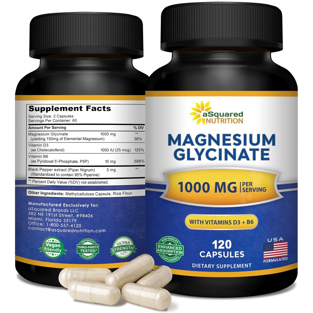 Magnesium Glycinat 1000mg med vitamin D3 & B6- 500mg per kapsel - Pure Elemental Mag Supplement Complex til søvn, muskel, ben sundhed - erstatte gummier, tabletter og pulver - 120 kapsler