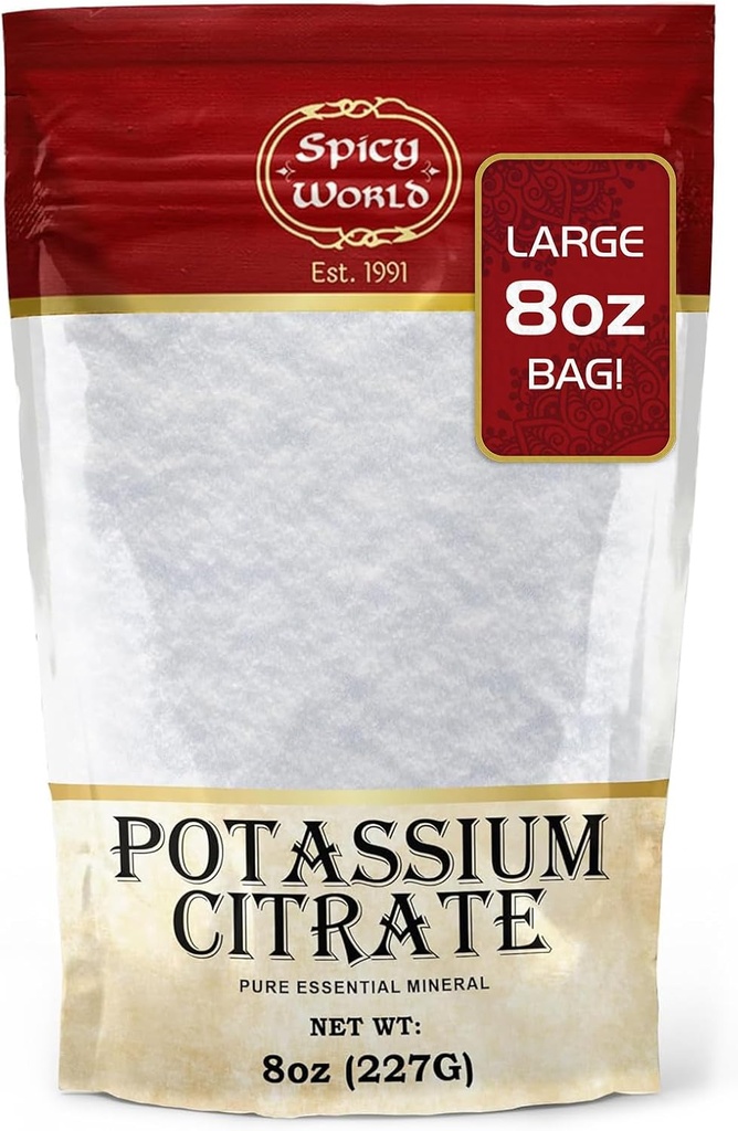 Spicy World Potassium Citrate Powder 8 OZ - Pure, Vegan, Food Grade, Bulk Potassium Supplement