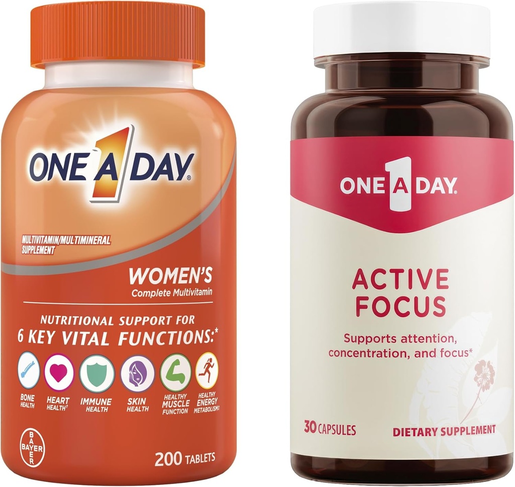 One A Day Bundle - One A Day Multivitamin for Women 200 Count Tablets og One A Day Active Focus Supplement, 30 kapsler