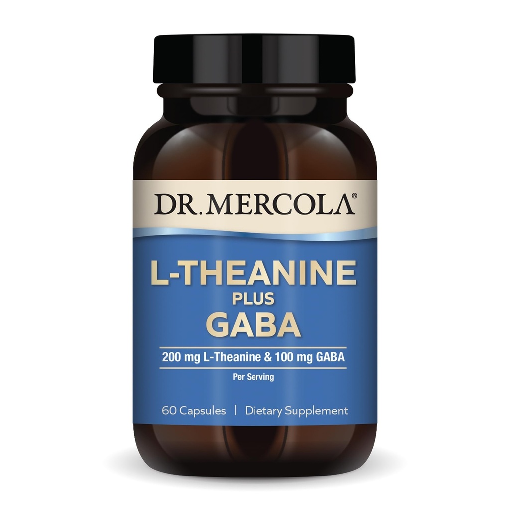 Dr. Mercola L- Theanine Plus GABA, 60 kapsler, ikke-GMO, Gluten Free, Soy Free