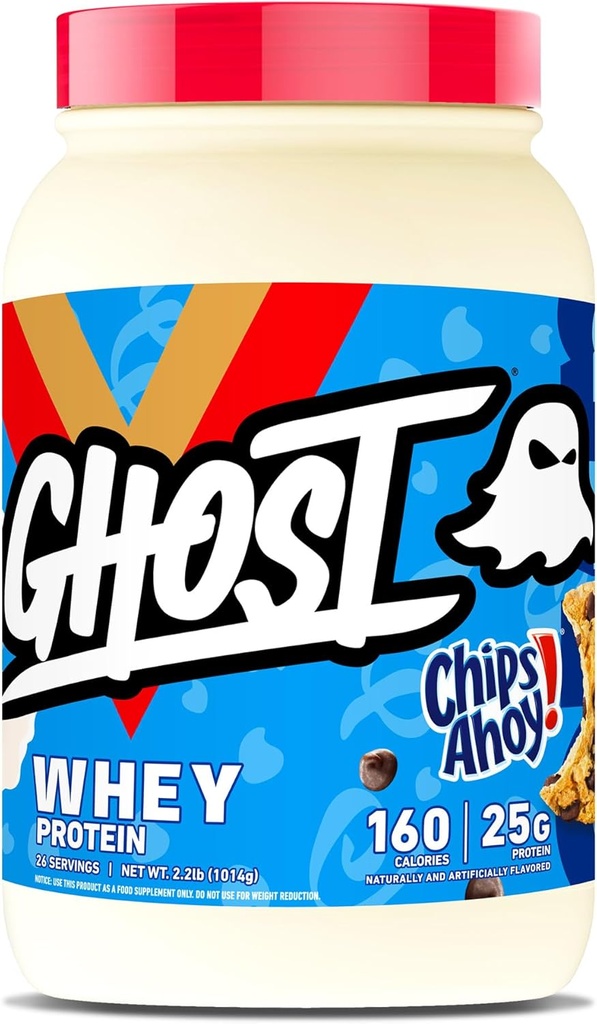 GHOST Whey Protein Powder, Chips Ahoy! - 2LB, 25G af Protein - Whey Protein Blend - The Post Workout Fitness & Nutrition Shakes, Smoothies, Bagning & Madlavning - Cookie stykker indeni
