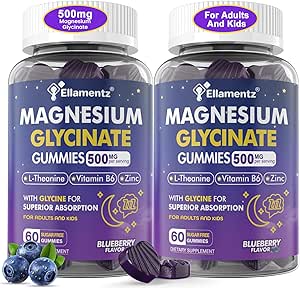Magnesium Glycinate Gummies 500 mg / 250 mg for voksne børn Teens, Sukker Free Magnesium Rullemiddel, Kids Søvn Gummies med L- Theanine Glycin B6 til søvn, Rolig, Muskel, Slap af Brain, No Melatonin, 2Pack