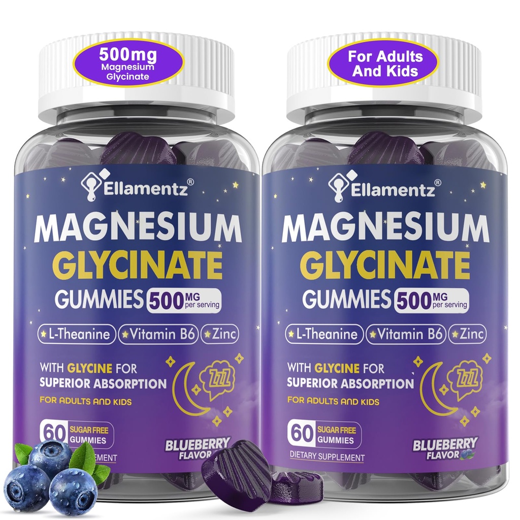 Magnesium Glycinate Gummies 500 mg / 250 mg for voksne børn Teens, Sukker Free Magnesium Rullemiddel, Kids Søvn Gummies med L- Theanine Glycin B6 til søvn, Rolig, Muskel, Slap af Brain, No Melatonin, 2Pack