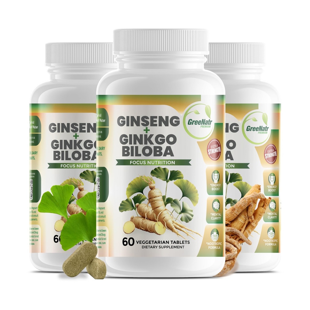 GreeNatr Ginko Biloba & Panax Ginseng Supplement - Rød Ginseng Brain Supplement til hukommelse og fokus - Ginkgo Biloba Kosttilskud til god vision, immunsystem og forbedret blodgennemstrømning - 3 flasker
