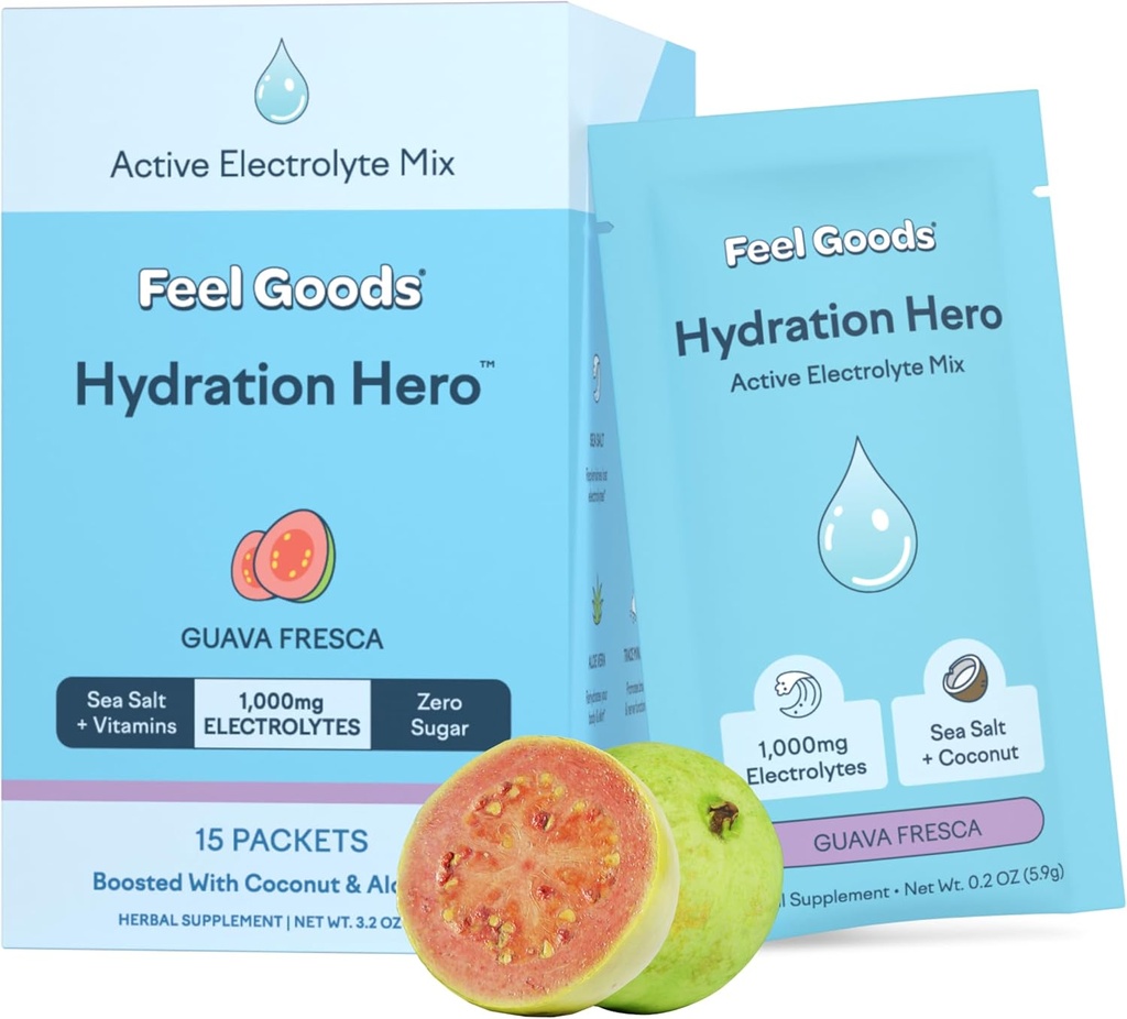 Feel Goods Hydration Hero, 1.000mg Electrolytes Powder, Sugar Free, Magnesium, Organic Coconut Water, L Theanine, Vitamin C & B12, Ikke GMO, Keto, Vegan, Electrolyte Packets