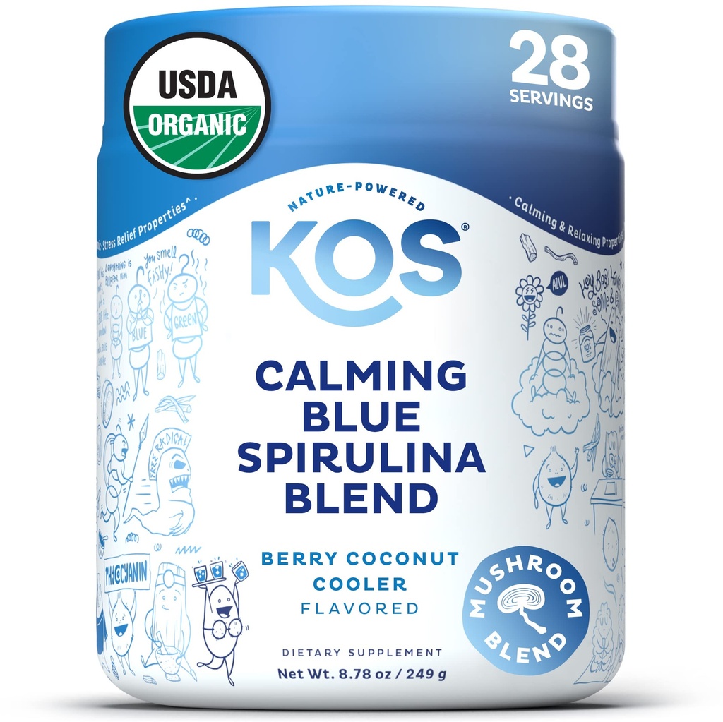 KOS Calming Blue Spirulina Blend- USDA Certified Organic - Alger Superfood Powder med Ashwagandha Root, Lemon Balm, Reishi Mushroom, B Vitaminer - Berry Coconut Cooler Flavor, 28 Servere