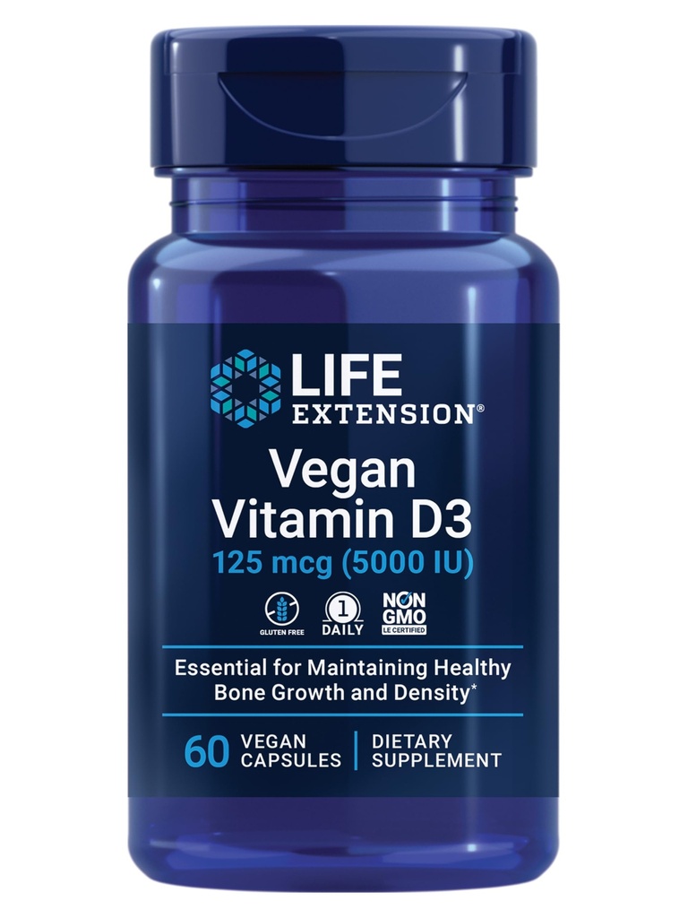 Life Extension Vegan Vitamin D3, 125 mcg (5000 IE), cholecalciferol fra Alger, high- potency immun, Bone & Whole- Body Health, Gluten- Free, Non- GMO, 1 Daily, Vegan, 60 Vegan Capsules