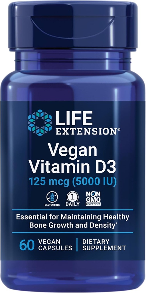 Life Extension Vegan Vitamin D3, 125 mcg (5000 IE), cholecalciferol fra Alger, high- potency immun, Bone & Whole- Body Health, Gluten- Free, Non- GMO, 1 Daily, Vegan, 60 Vegan Capsules