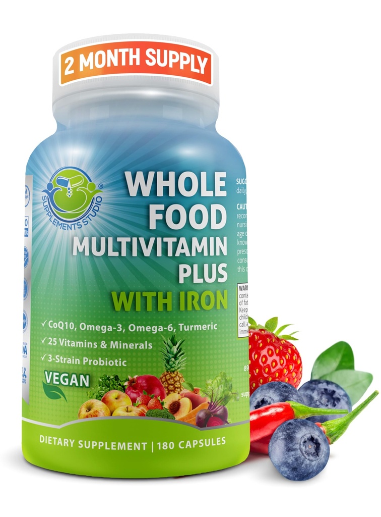 Vegansk hel mad Daglig Multivitamin med jern, Methyleret Multivitamin for kvinder og mænd, Lavet med Frugt & Grøntsager, B- kompleks, Probiotika, Enzymer, CoQ10, Omegas, Gurkemeje, Non- GMO, 180 Greve