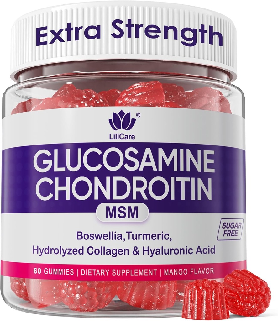 Glucosamin Chondroitin Gummies, Sugar Free Glucosamin Chondroitin MSM Supplement, Ekstra styrke med Boswellia gurkemeje, Hydrolyzed Collagen & Hyaluronsyre, Knoglesundhed for mænd og kvinder, 60 Cts