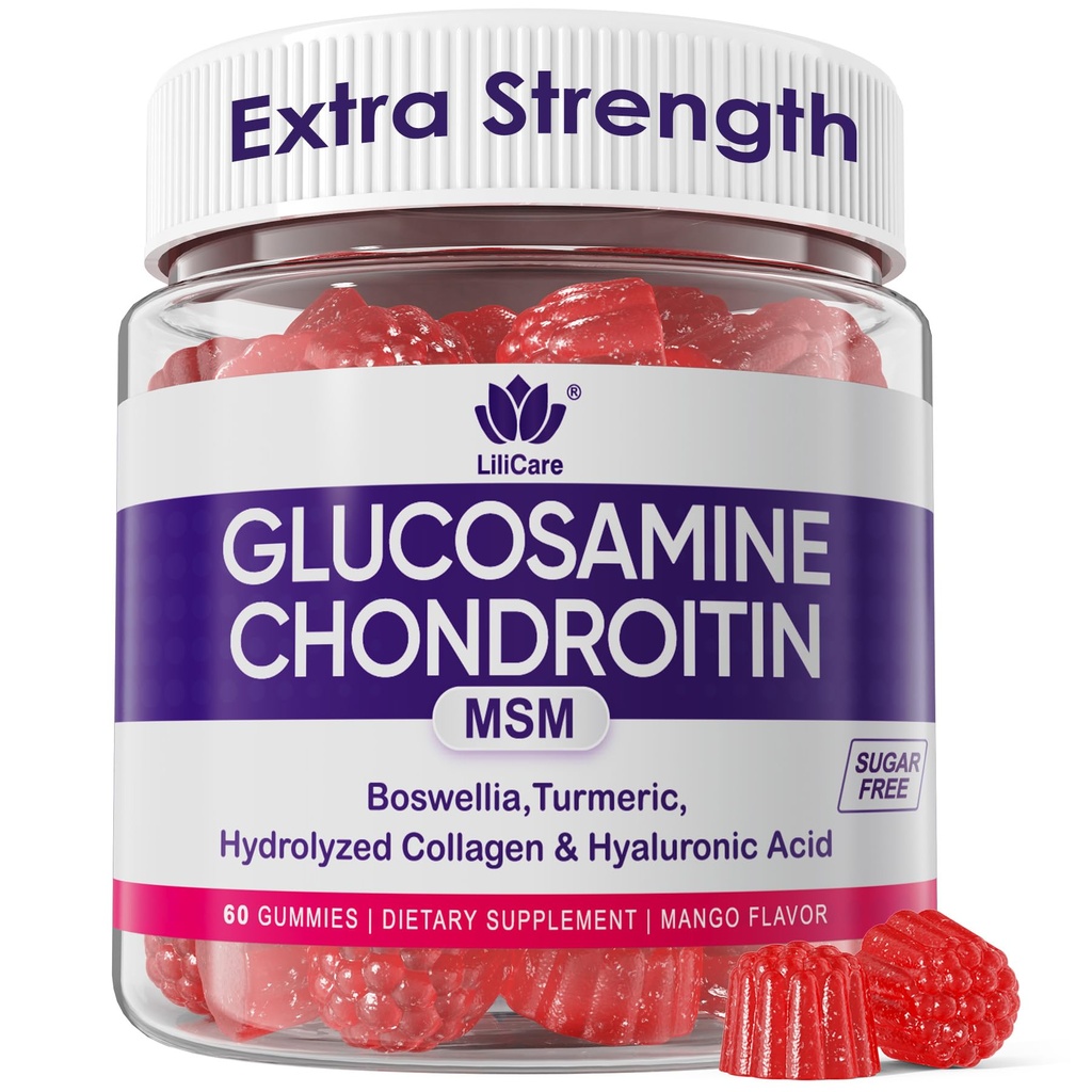Glucosamin Chondroitin Gummies, Sugar Free Glucosamin Chondroitin MSM Supplement, Ekstra styrke med Boswellia gurkemeje, Hydrolyzed Collagen & Hyaluronsyre, Knoglesundhed for mænd og kvinder, 60 Cts