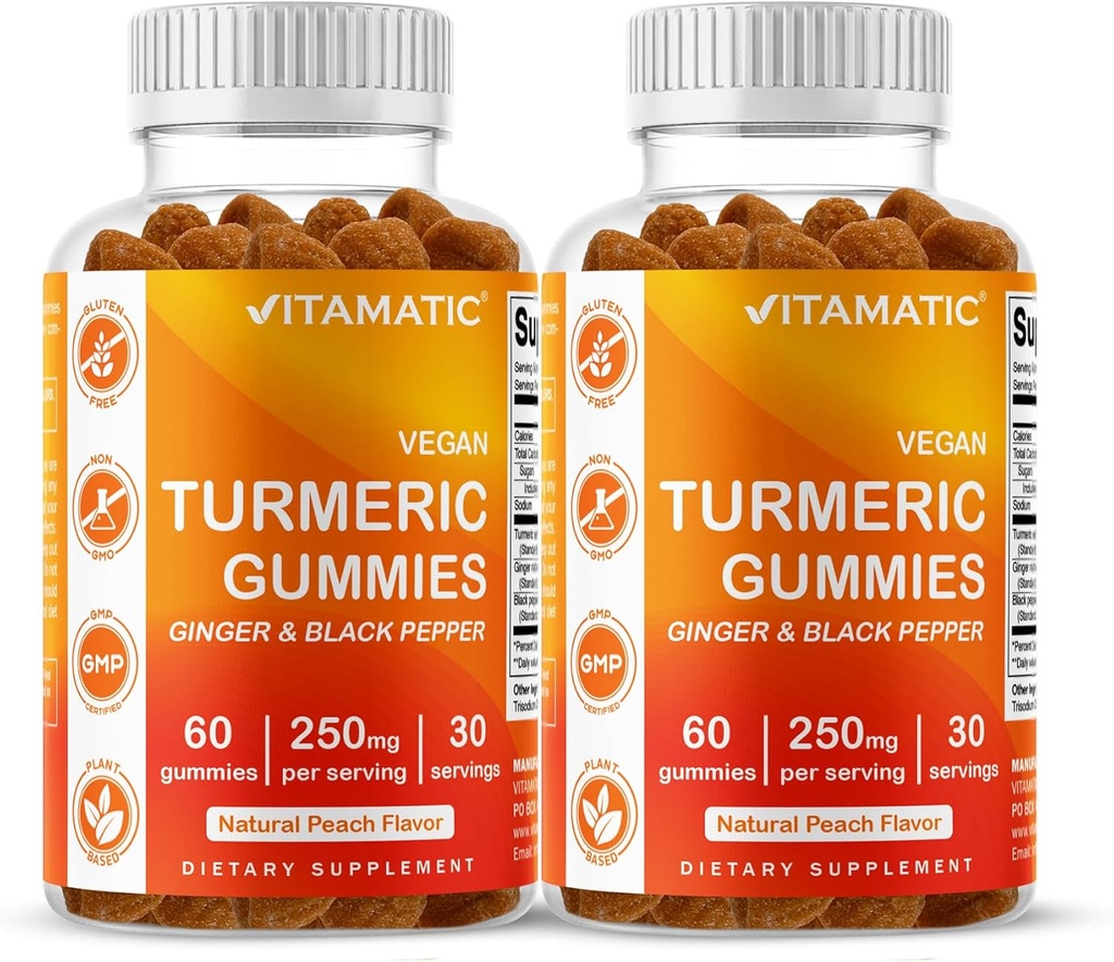 Vitamatisk gurkemeje Gummy med Ginger & Black Pepper Extract - 60 Veganske gummier Hver 124; 2 Pack (120 Gummies) 95% Curcuminoider - Kraftfuld Antioxidant & Inflammatorisk Støtte