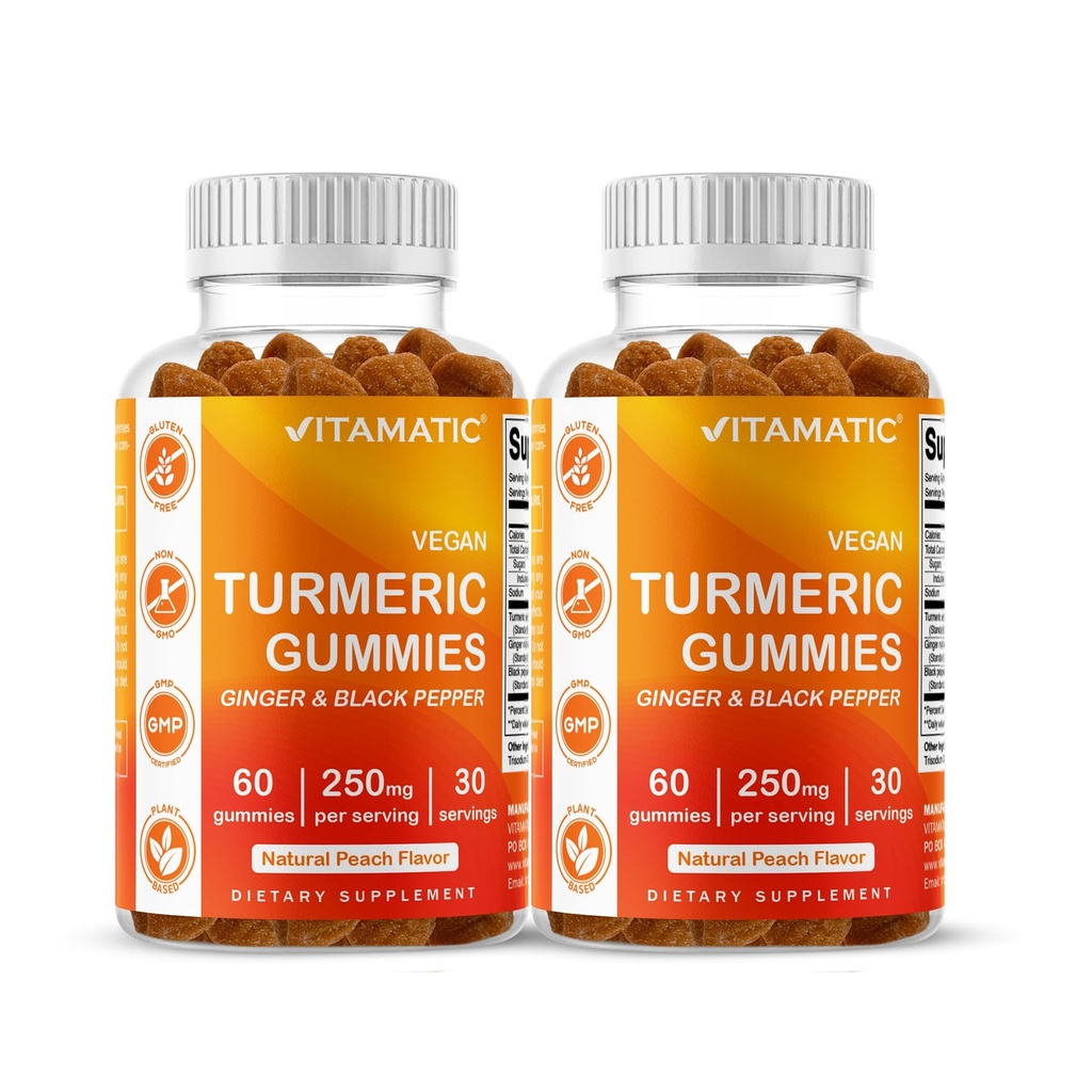 Vitamatisk gurkemeje Gummy med Ginger & Black Pepper Extract - 60 Veganske gummier Hver 124; 2 Pack (120 Gummies) 95% Curcuminoider - Kraftfuld Antioxidant & Inflammatorisk Støtte
