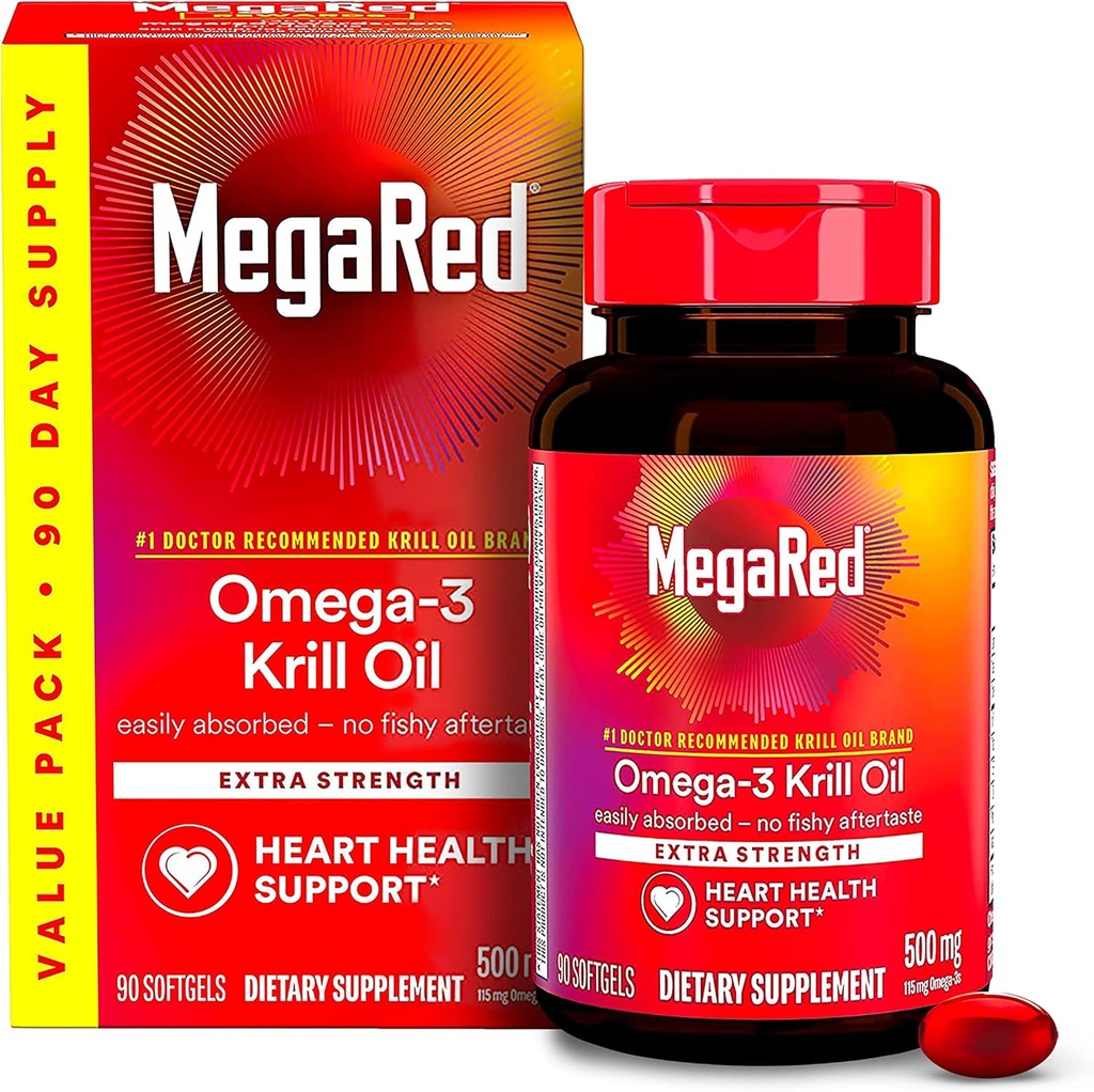 MegaRed Antarctic Krill Oil 500mg Omega 3 Fatty Acid Supplement, Extra Strength EPA & DHA Krill Oil Softgels (90cnt Box), Astaxanthin, Heart Health Supplement with No Fish Oil Aftertaste