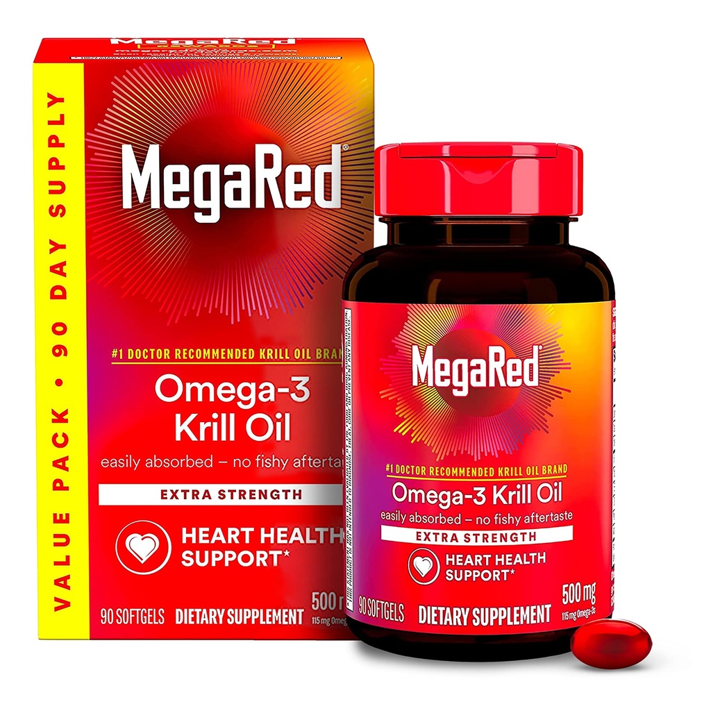 MegaRed antarktisk krill Oil 500mg Omega 3 Fedtsyretilskud, Ekstra styrke EPA & DHA krill Oil Softgels (90cnt Box), Astaxanthin, Heart Health supplement med ingen fisk olie eftersmag