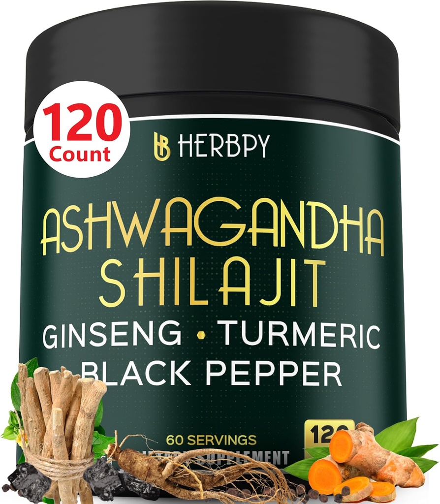 5in1 Ashwagandha Ekstra Styrke med Shilajit til Stamina, Energi & Afslapning Support - Plus Ginseng, Gurmerisk Root & Sort Pepper - 120 Greve