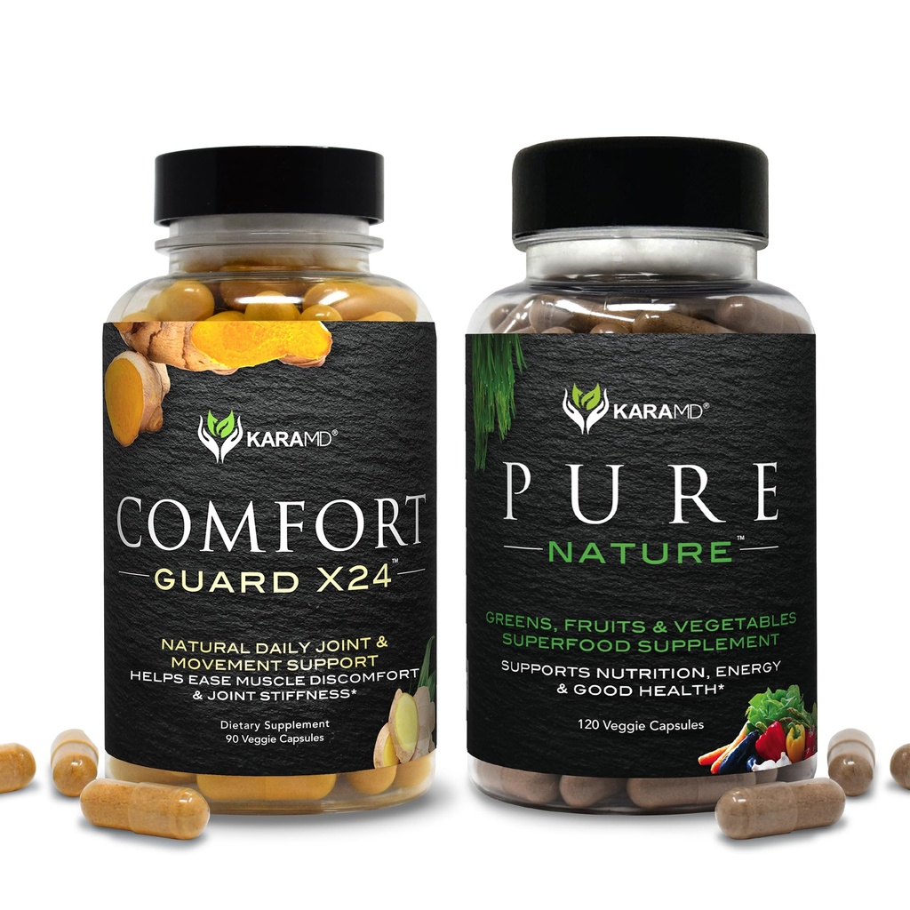 KaraMD Pure Nature & Comfort Guard Bundle # 124; Hele fødevarer Grønne, Frugt & Grøntsager Supplement + Bevægelse Support # 124; Non- GMO, Vegan, Gluten- Free (30 Servere hver)