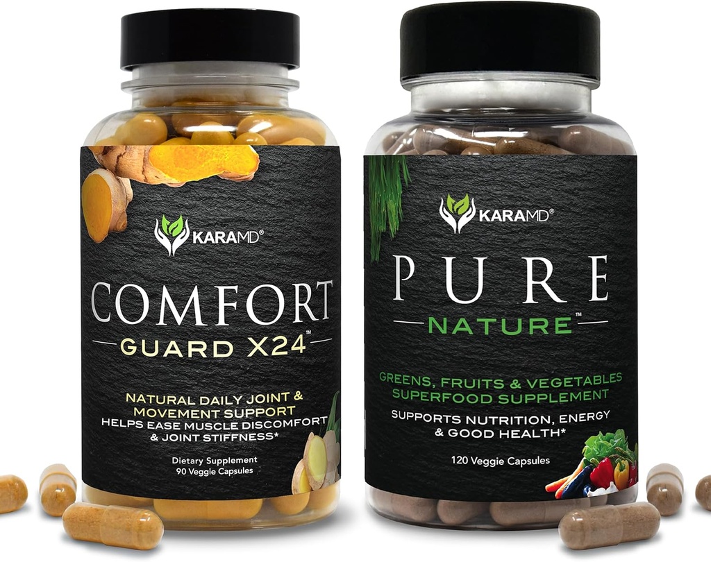 KaraMD Pure Nature & Comfort Guard Bundle # 124; Hele fødevarer Grønne, Frugt & Grøntsager Supplement + Bevægelse Support # 124; Non- GMO, Vegan, Gluten- Free (30 Servere hver)