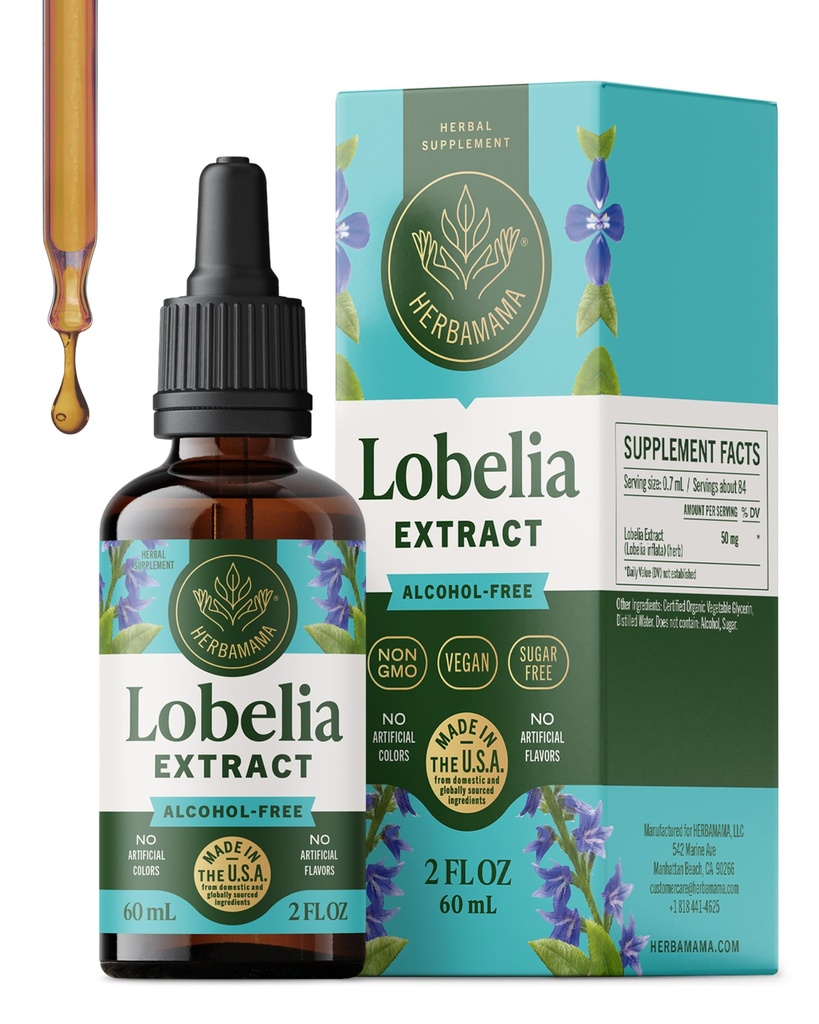 HERBAMAMA Lobelia Tincture - Vegan Lobelia Leaf Extract for Lung Detox & Cleanse - Respiratory Lung Support Drops - Non-GMO, Alcohol & Sugar-Free Respiratory Support Supplement