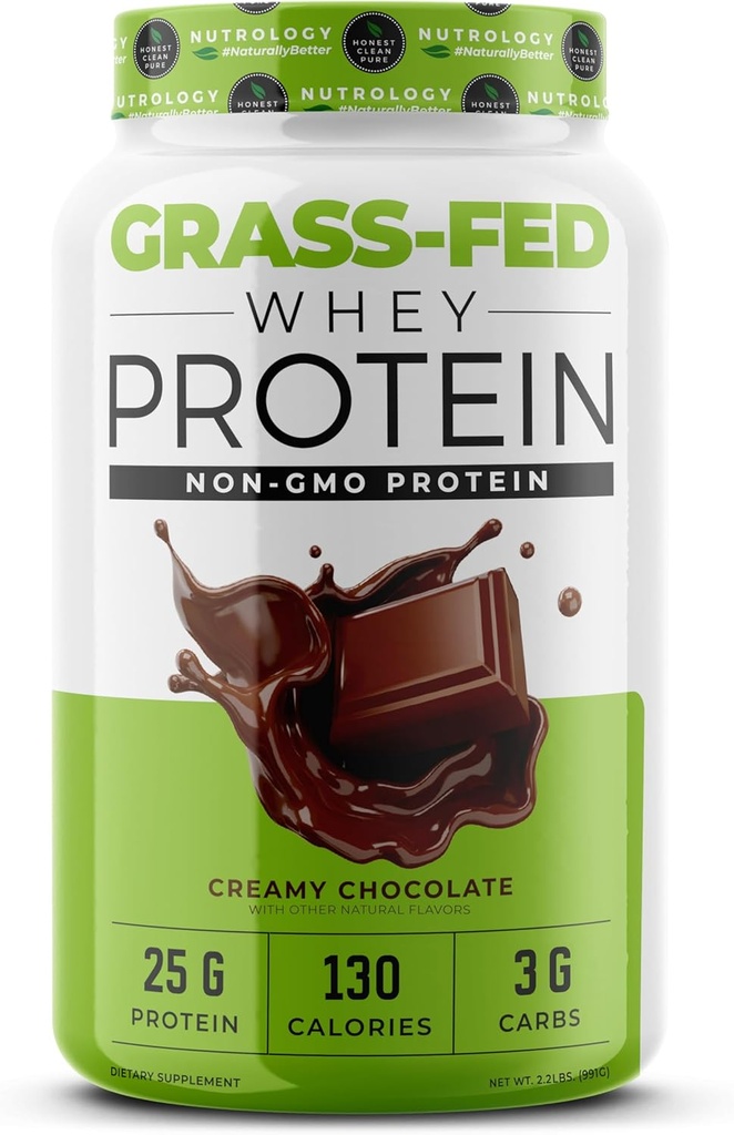 Nutrology Grass Fed Whey Protein Powder, Creamy Chocolate Flavor, Supports Lean Muscle Recovery & Performance, Cold Processed Grass Fed Whey and Amino Acid Powder, Shake, Blend or Bake, 28 Servings