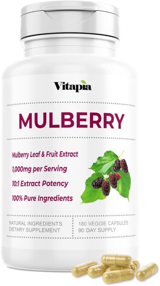 Organic Mulberry Leaf & Fruit Extract for Strong Gut, Heart Health, Antioxidant Support - 10: 1 Ratio & 180 Veggie Kapsler - Non- GMO, Gluten- Free, Vegan- Friendly Supplement