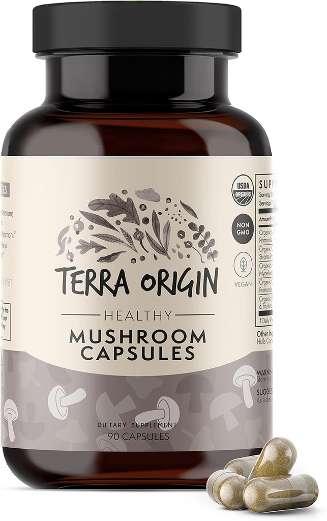 TERRA ORIGIN Healthy Mushroom Complex Supplement | 90 Capsules | Reishi, Lions Mane, Changa, Cordyceps, Maitake | Immune & Nootropic Brain Support | Certified USDA Organic, Non GMO, Vegan