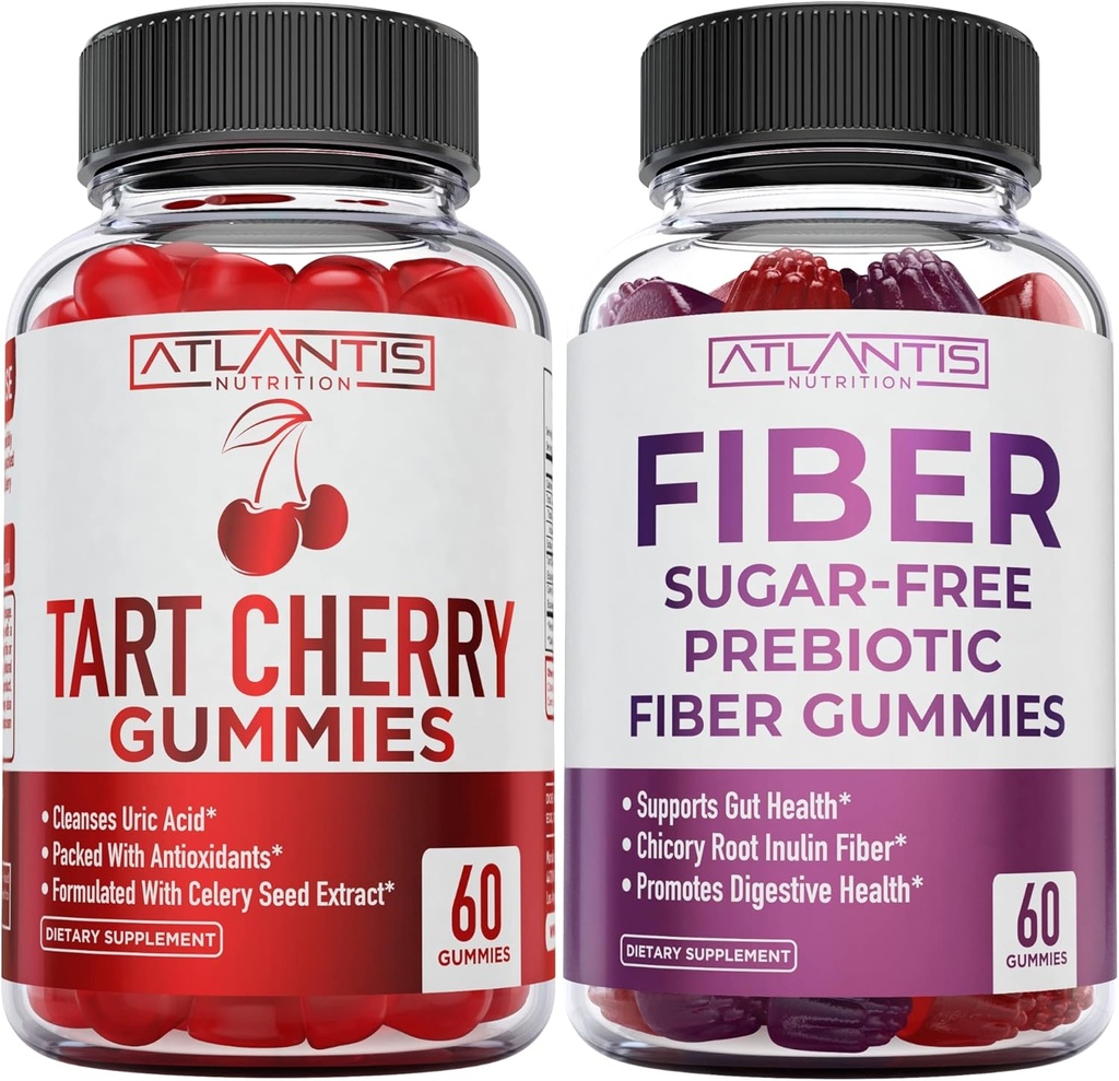 Atlantis Nutrition Tart Cherry 60 Gummies + Sugar Free Prebiotic Fiber Gummies til voksne 2- Pack (120 Gummies)