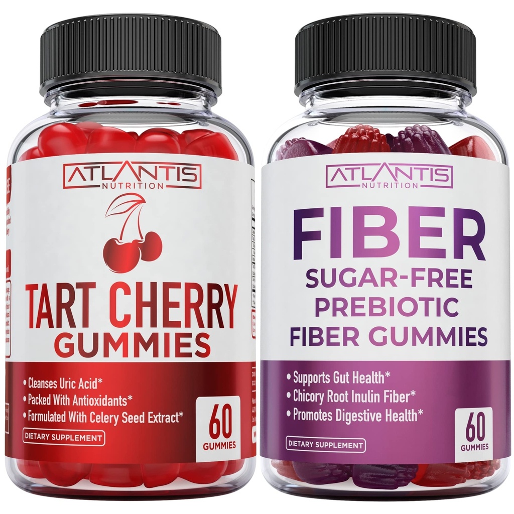 Atlantis Nutrition Tart Cherry 60 Gummies + Sugar Free Prebiotic Fiber Gummies til voksne 2- Pack (120 Gummies)
