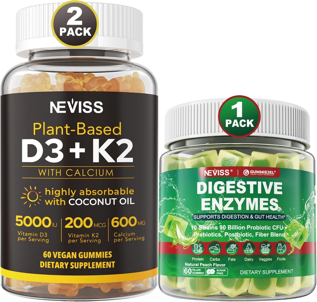 NEVISS D3 5000iu & K2, Calcium Gummies & fordøjelsesenzymer Gummies
