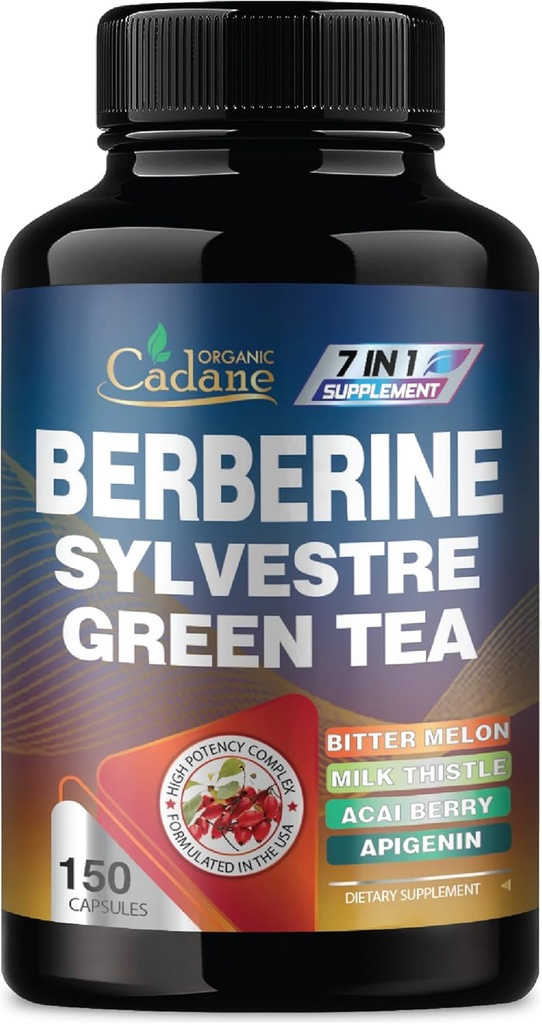 Cadane Berberine Extract - Berberine tillæg med Gymnema Sylvestre, Green Tea & Mere - 150 kapsler til immunsystem, fordøjelse sundhedsstøtte