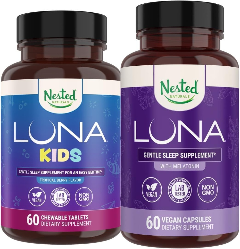 Nested Naturals Sleep Aid Bundle; Luna Voksen & Luna Kids Sleep Aid med naturlige ingredienser (Melatonin, Kamille, Valerian) for Deep Sleep og Afslapning (120 Greve)