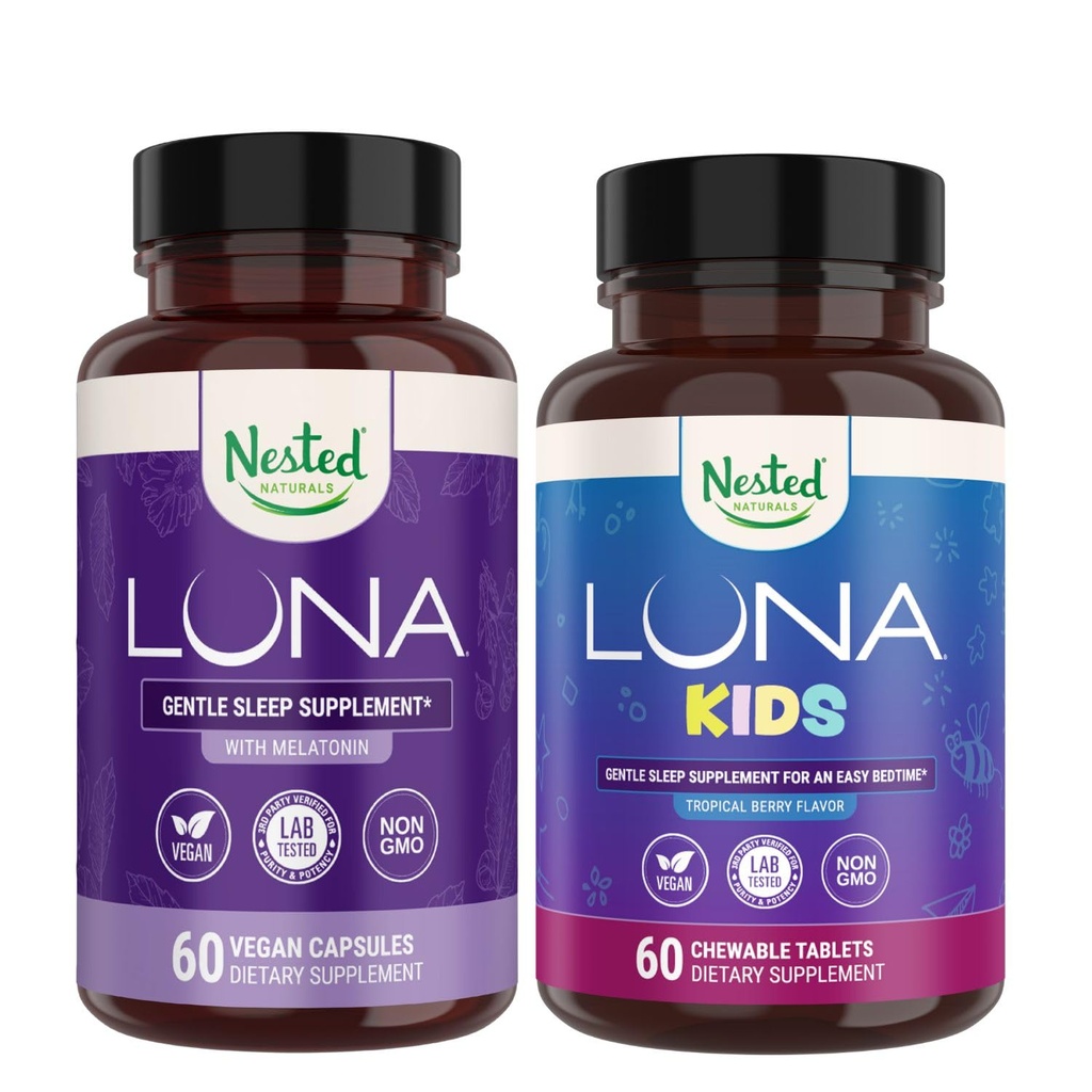 Nested Naturals Sleep Aid Bundle; Luna Voksen & Luna Kids Sleep Aid med naturlige ingredienser (Melatonin, Kamille, Valerian) for Deep Sleep og Afslapning (120 Greve)