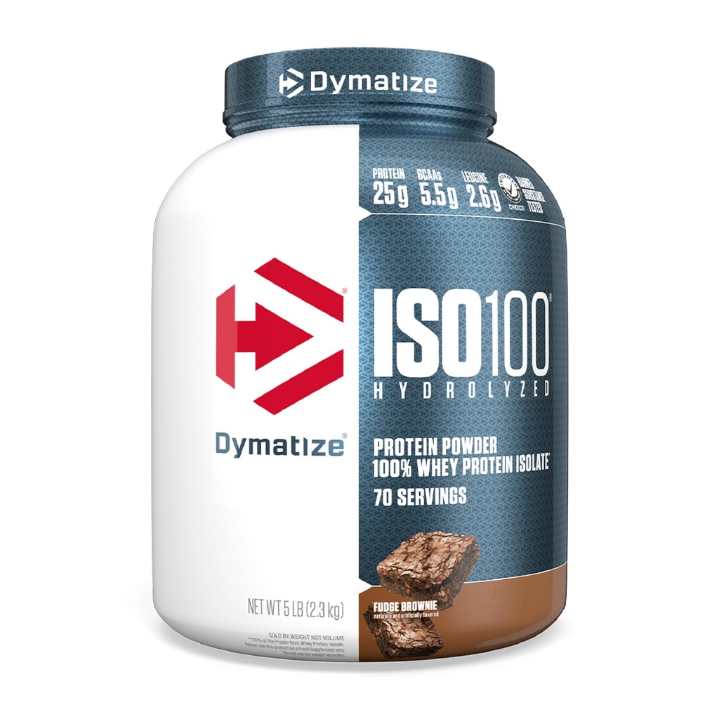 Dymatisere ISO100 Whey Protein Powder Isolate, Fudge Brownie, 25g protein, 5 Pund, 5,5g BCAA, mindre end 120 Cal., Gluten Free, 1g fedt, 1g sukker, 2g Carb (70 Servere)