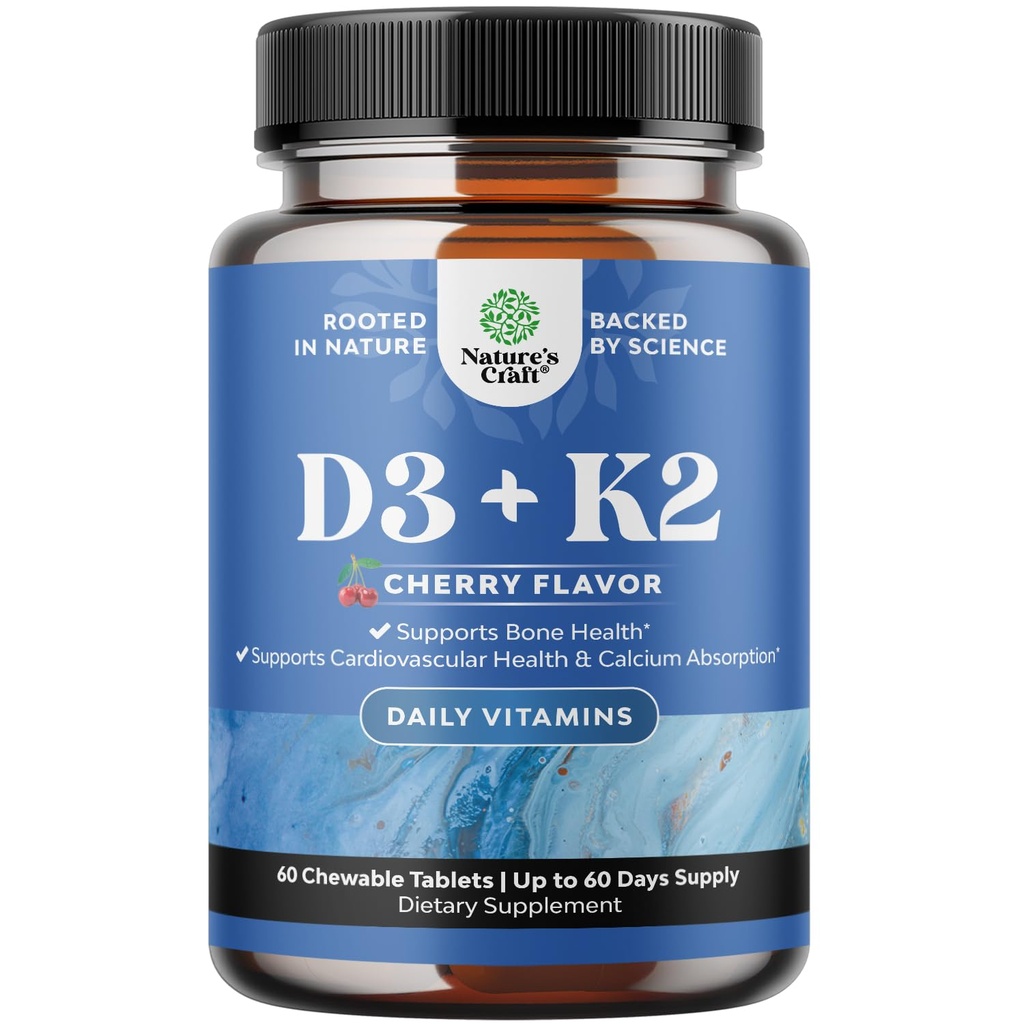 D3- vitamin med K2 MK7 tillæg - D3- vitamin 2000 IE tabletter og K2 tabletter til immunforsvar Knogle- helbredssund fælles støtte Knoglestyrke og mood boost - VIT immunsystem - 60 greve