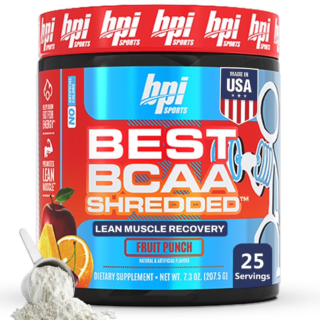 BPI Sport Bedste BCAA Shredded - Koffein Gratis Thermogen Recovery Drink, Lean Muscle Building BCAA Powder for kvinder og mænd, Fortræning BCAAs Aminosyrer Drink- Fruit Punch - 25 Servering