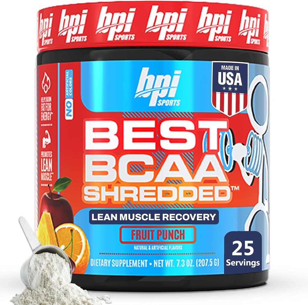BPI Sport Bedste BCAA Shredded - Koffein Gratis Thermogen Recovery Drink, Lean Muscle Building BCAA Powder for kvinder og mænd, Fortræning BCAAs Aminosyrer Drink- Fruit Punch - 25 Servering