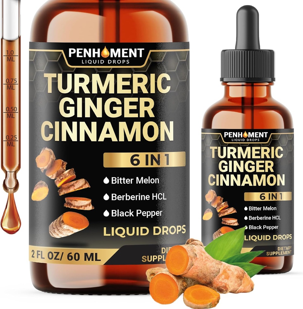 6in1 Flydende gurkemeje Curcumin med Ingefær, Berberine Extract, Ceylon Cinnamon, Bitter Melon, Black Pepper - Drops Extract - 2FL oz - 60 Servere