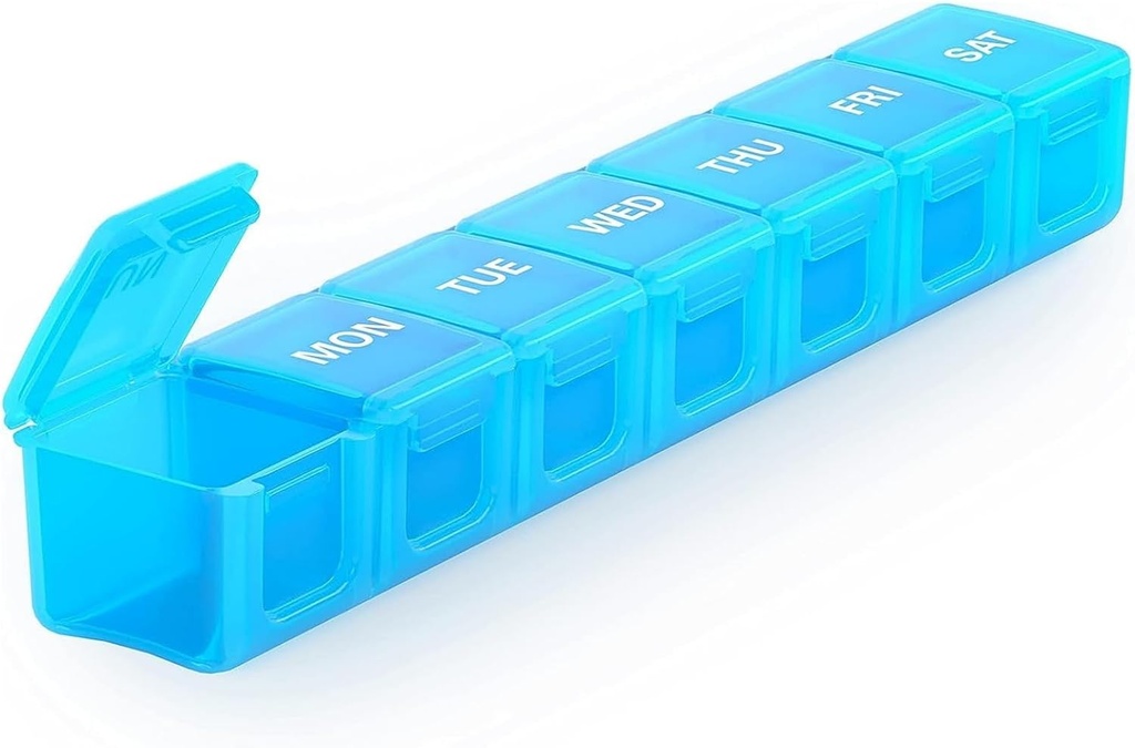Sukuos Extra Large Weekly Pill Organizer, 7 Day Daily Pill Box Case Arthritis Friendly, Silkscreen Printed Medicine Container with Clear Lid for Vitamins, Fish Oils or Supplements (Blue)
