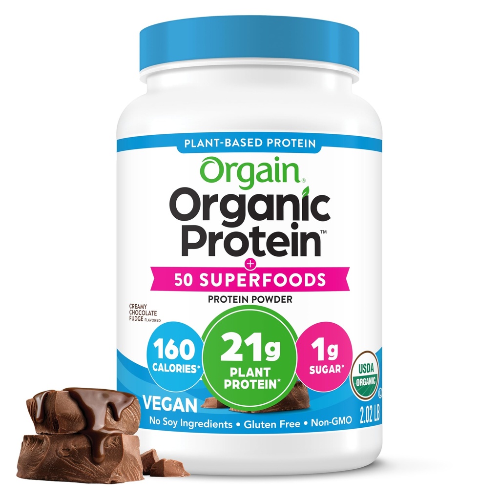 Orgain Organic Vegan Protein + 50 Superfoods Powder, Creamy Chocolate Fudge - 21g Plant Based Protein, 9g Prebiotic Fiber, No Lactose, Gluten Free, No Added Sugar, 2.02 LB (Packaging May Vary)