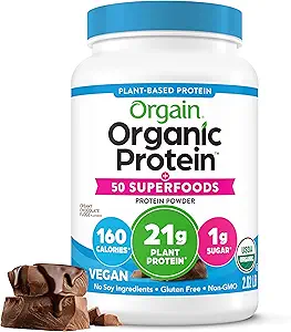 Orgain Organic Vegan Protein + 50 Superfoods Powder, Creamy Chocolate Fudge - 21g Plant Based Protein, 9g Prebiotic Fiber, No Lactose, Gluten Free, No Added Sugar, 2.02 LB (Packaging May Vary)