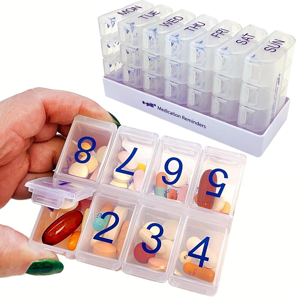 e- Pill 8 gange en dag x 7 dag Stor Ugentlig Pill Organizer, Vitamin og Medicin Box (Clear)