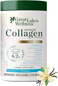 Great Lakes Wellness Keto Boost Advanced Collagen Peptider Powder med 4,2 g MCTs - Vanilla Flavored - Ernæringsmæssigt -Rich non-Dairy Coffee Creamer eller Smoothie Alt - Non- GMO, Kosher - 14.1 oz