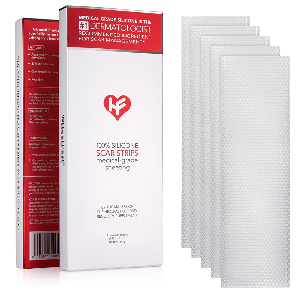HealFast Læge Formulerede Silicone Scar Sheets - Avanceret Crosspolymer Medical Grade Silicone Scar Strips for Kirurgi, C sektion, Keloider & Hypertrophic Scars - Silicone Tape For Scars (5 ark)