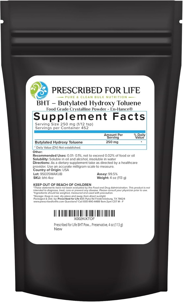 Pres for livet BHT pulver, pulveriseret Butyleret Hydroxytoluen til fødevarekonservering, Vegan, Gluten Free, Ikke GMO, Ubleget, Soy Free (4oz / 113g)