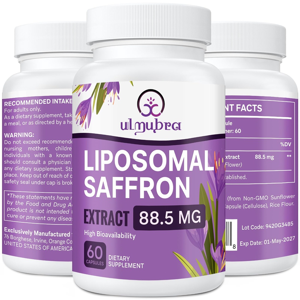 Liposomal Saffron Kosttilskud 88,5 mg, Maksimal Absorption, 100% Pure Saffron Extract Kapsler til Mood, Energy, Vision & Focus - 60 Veganske Kapsler