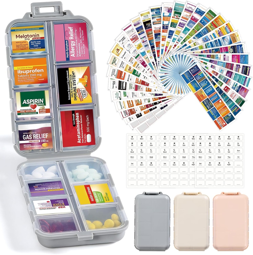 3 Pack 14 Grids Travel Pill Organizer Box med 415-Pcs Medicine Navn Labels - Pocket Daily Pharmacy Case Container Kit - Travel Medication Holder Dispenser for Fish Oil Vitamin Supplement Storage
