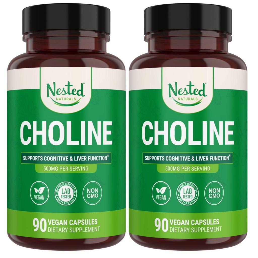 Nested Naturals Cholin Bitartrate 500mg - High Potence Cholin Supplements - Understøtter Maternal & Føtale Sundhed under graviditet * - 100% Vegan & Non- GMO - 2 - Pack (180 Vegan Kapsler)