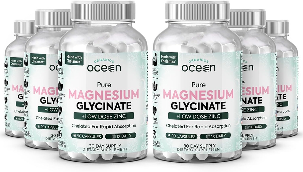 Organiske Ocean Pure Magnesium Glycinat med zink - Maksimal styrke Chelated Magnesium supplement til kvinder og mænd for muskelkramper og søvn støtte - 6 flasker